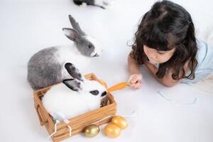 Smiling little girl and with their beloved fluffy rabbit, showcasing the beauty of friendship between humans and animals photo