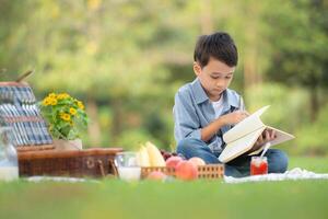 Happy family enjoying a picnic in the park, Boy sitting and reading books. photo