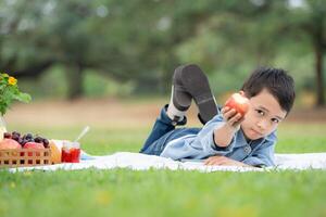 Happy family enjoying a picnic in the park, with children having fun sitting, surrounded by nature photo