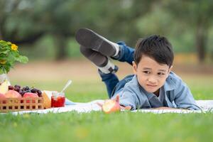 Happy family enjoying a picnic in the park, with children having fun sitting, surrounded by nature photo