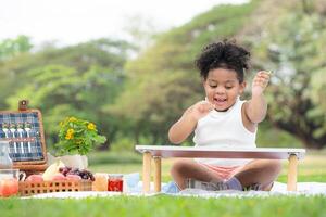 Happy family enjoying a picnic in the park, Girl are having fun drawing on paper placed on the table. photo