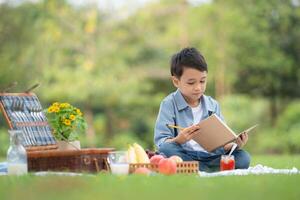 Happy family enjoying a picnic in the park, Boy sitting and reading books. photo