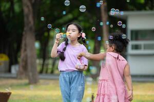 Girls in the park with blowing air bubble, Surrounded by greenery and nature photo