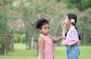 Girls in the park with blowing air bubble, Surrounded by greenery and nature photo