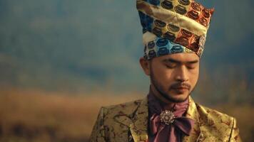 Man in traditional attire with ornate turban against a blurred background. video