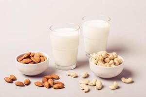 Set of vegan non diary milk and ingredients. Health care and diet concept photo