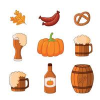 A set of elements for an autumn holiday. Pumpkin ale, sausages, pretzel, pumpkin, leaves. vector