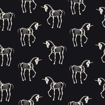 Seamless texture. Skeletons of unicorns on a dark background. For fabric, background, textiles, wallpaper. vector