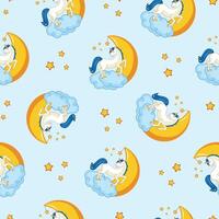 seamless texture sleeping unicorn on clouds with moon and stars vector