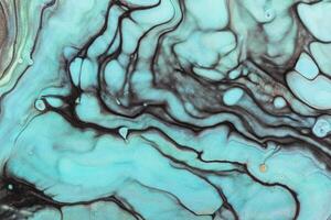 Fluid Art. Abstract marble background or texture. Beautiful blue waves with black veins and gold particles photo