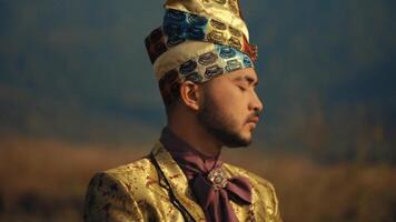 retrato do uma homem dentro tradicional étnico vestuário com a ornamentado turbante, posando com uma sério expressão contra uma borrado natural fundo. video