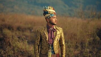 man in elegant dress standing in a field at sunset with mountains in the background. video