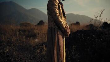 man in elegant dress standing in a field at sunset with mountains in the background. video