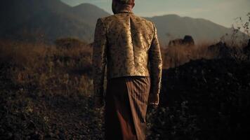 Traditional Asian warrior in historical armor standing in a field with mountains in the background at dusk. video