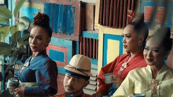 Two women in traditional attire and a man in a hat sitting, holding cups, with a blurred foreground. video