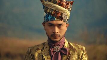 portrait de une homme dans royal tenue avec un fleuri couronne, exsudant une sens de royalties et tradition contre une flou Naturel Contexte. video