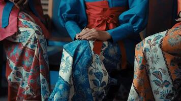 Women in traditional Korean hanbok dresses sitting with hands gently placed on their laps. video