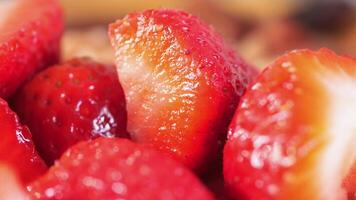 Ripe Red Strawberries in a bowl on table video