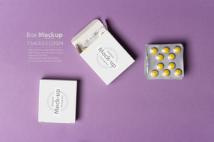 Pills tablet box in front of purple background mock-up series psd