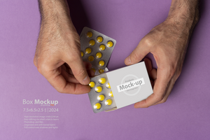 Male hand bringing out pills tablet from box mock-up series psd