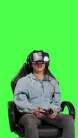 Front view Disappointed player feeling angry about lost tournament online on virtual reality cyberspace, losing gaming championship against greenscreen backdrop. Woman getting furious after failure. Camera B. video