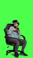 Side view Woman feeling furious and disappointed with losing mobile gaming competition, playing tournament with smartphone and virtual reality headset. Displeased gamer sad after lost game. Camera A. video