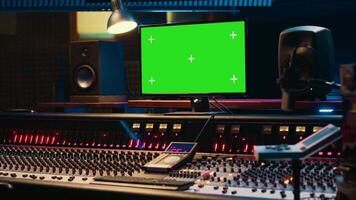 Empty professional studio showing greenscreen layout on monitor, mixing console with a variety on buttons, knobs and sliders. Audio engineering control room with technical gear. Camera A. video