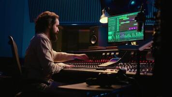 Professional tracking engineer editing music by adding sound effects in control room at studio, recording tracks and using mixing console. Producer operates technical equipment. Camera B. video