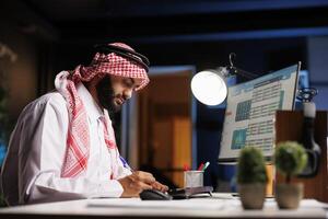 vista lateral de un musulmán empresario utilizando un bolígrafo a escribir abajo notas recibido desde su ordenador personal monitor. imagen muestra un dedicado árabe hombre utilizando un cuaderno y escritorio para su investigación. foto