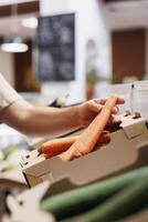 Trader fills up crates on environmentally friendly zero waste shop shelves with locally grown vegetables. Farmer restocks local groceries store with nutritious food items, close up photo