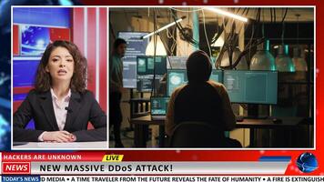 Journalist shares hackers attack event, warning citizens to have strong passwords and avoid stealing information. Woman broadcaster presenting cyber security crime with footage, breaking news. photo