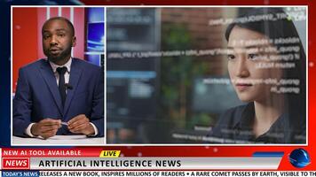 Media host presenting artificial intelligence news on live television program, covering reportage on modern technology industry. Man journalist addresses AI development events. photo