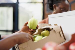 Close up of vendor holding bio pesticide free green apples from box at eco friendly store. Black individual putting locally grown produce on shelves, preparing to sell to clients with healthy living. photo