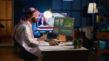 Cinematographer in home office doing post production on upcoming movie release, editing footage and sound. Man using computer workstation after being comissioned to modify film photo