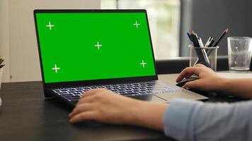 Woman analyst works on laptop with greenscreen isolated display, checking pc with blank mockup template. Young person working on business tasks using chromakey copyspace screen. photo