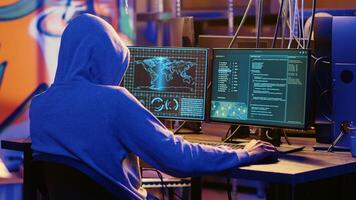 Hooded spy in underground hideout trying to steal valuable data by targeting governmental websites with weak security. Espionage specialist doing cyber attacks to gain access to sensitive info photo