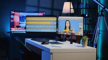 Photo processing software interface on computer screens in creative agency studio, panning shot. Image editing program UI displayed on multi monitors PC setup in photographer workspace