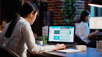 Worker looks over statistical data financial graphs on laptop screen, researching key data for company project. Businesswoman analyzing stock market figures and charts on electronic device, camera B photo