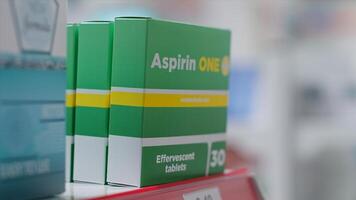 Selective focus of supplements packages on display at medical store, boxes of prescription pills or natural pharmaceutics for sale. Variety of medicaments and nutrients in empty pharmacy. photo