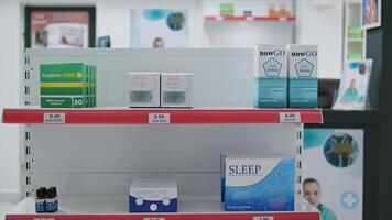 Empty drugstore shelves filled with medical supplies and pills, to sell prescription medicine or treatment to customers. Pharmacy store with medication and vitamins, painkillers and nutrients. photo