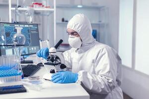 Doctor looking at sample of coronavirus using microscope in modern laboratory. Virolog in coverall during coronavirus outbreak conducting healthcare scientific analysis. photo