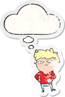 cartoon impatient man with thought bubble as a distressed worn sticker png