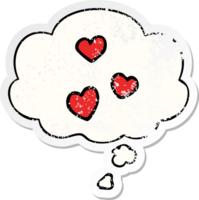 dessin animé l'amour cœur avec pensée bulle comme une affligé usé autocollant png