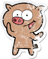 distressed sticker of a cheerful pig cartoon png