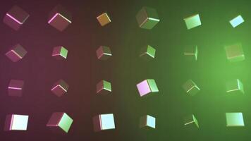Rotating cubes that reflect light on colorful background. Animation. Multicolored smooth cubes with reflective surface rotate on colorful background photo