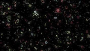 Abstract animation of multicolored neon social media network emojis icons appearing on the black background. Animation of seamless loop. photo