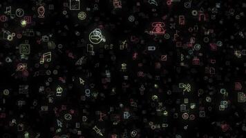 Abstract animation of multicolored neon social media network emojis icons appearing on the black background. Animation of seamless loop. photo