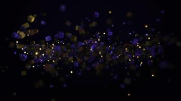 Abstract particle background, a lot of small details and elements flying into one line. Animation. Moving colorful squares forming one stripe isolated on black background. photo