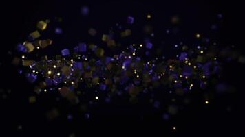 Abstract particle background, a lot of small details and elements flying into one line. Animation. Moving colorful squares forming one stripe isolated on black background. photo