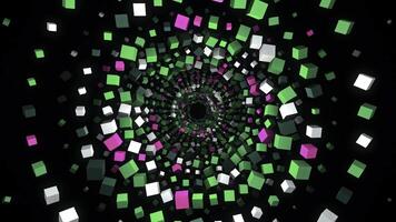 Tunnel of 3D colored squares on black background. Animation. Beautiful hypnotic tunnel of colorful cubes. Distance from spiral of many bright cubes photo